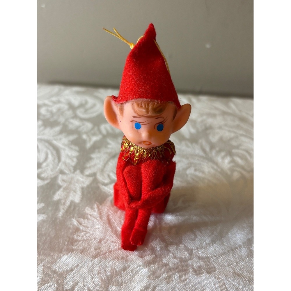 Japan Christmas Elf Ornament Red Felt Knee Hugger Mid Century 4 Inch Vintage 50s